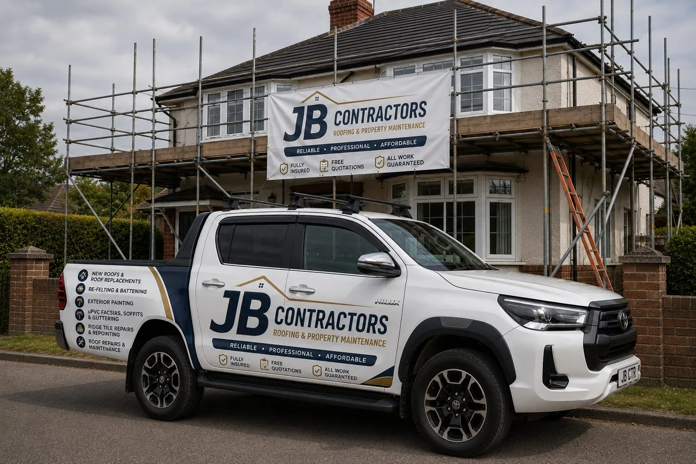Gorran Haven Roofing pickup truck on site at a scaffolded roofing job in Gorran Haven